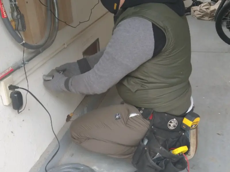 Electrician performing outlet wiring in a Fountain Hill garage